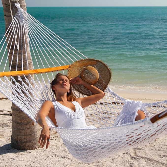 GAFETE Single Rope Hammocks for Outside, Traditional Hand Woven Cotton Hammock with Hardwood Spreader Bar, Max 450 lbs Capacity (Natural Beige, Small)