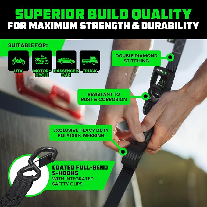 Rhino USA Ratchet Straps Heavy Duty Kit (4-Pack) - 1.6 Inch x 8 Feet Min Break Strength (5,000) - Ultimate Tie Down Straps with Safety S Hooks for Trucks, ATV, UTV, Motorcycle, Cargo & More - Black