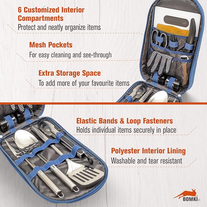 BOMKI Grilling & Camping Cooking Utensils Set - BBQ & Camping Kitchen Set with Case