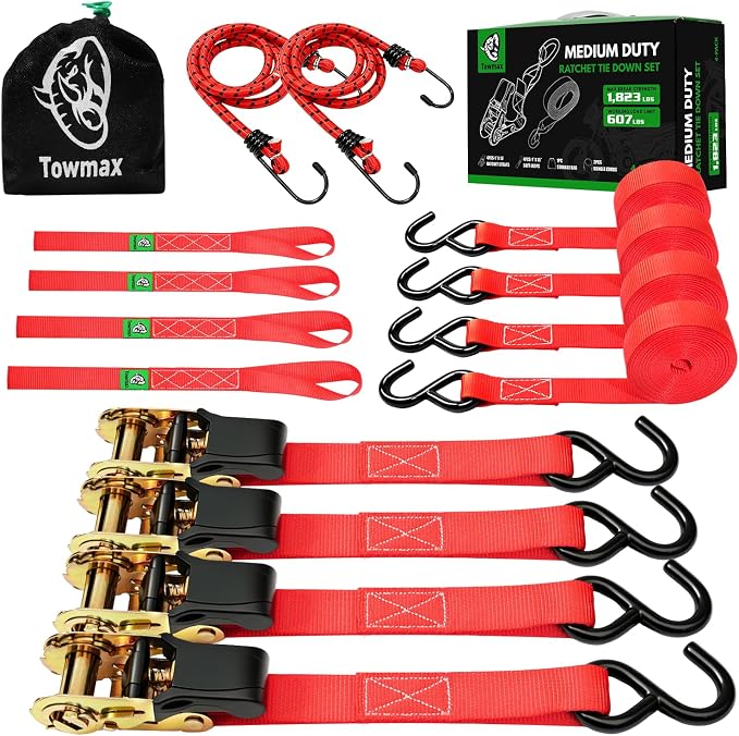 Ratchet Straps Medium Duty 4 Pack -1 Inch x 15 Feet (1,823LB Break Strength)- Motorcycle Tie Down Straps -Soft Loops with Bungee Cords- Ratchet Tie Down Set for Powersports, Motorcycle or Moving Cargo