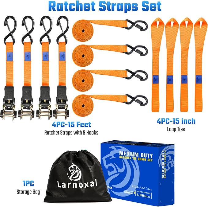Ratchet Straps 4 Pack - 1,826 Lbs Break Strength 1 in x 15 Ft Medium Duty Ratchet Tie Down Straps with S Hooks Set for Truck, Cargo Van, Trailer, Motorcycle (Orange)