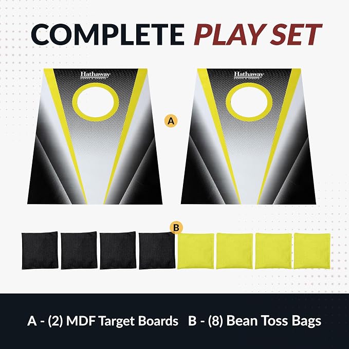 Hathaway Compact Cornhole Bean Bag Toss Game Set – Includes 2 Target Boards, 8 Bean Bags in Black and Yellow, and Carrying Case – Portable Cornhole Board Set for Outdoor Games