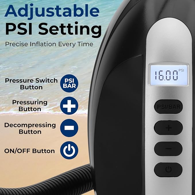 SereneLife Electric Air Pump Compressor – Portable Inflator for SUPs (Stand Up Paddle-Boards) & Pool Inflatables, Digital LCD Display, Adjustable Air Pressure Settings, Car Power Outlet Connection