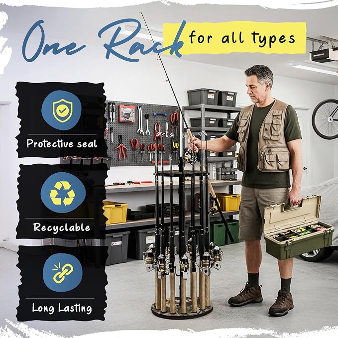 Rush Creek Creations 16-Rod Round Fishing Rod Holder for Garage, 360° Access Fishing Pole Holder for Fishing Rods, Reels, and Gear, Securely Holds 16 Rods, Camouflage