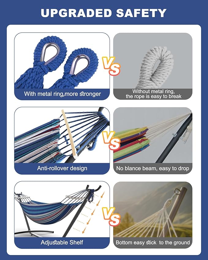 EveryFun Double Hammock with Heavy-Duty Steel Stand,Portable,Easy Assembly,600lbs Weight Capacity,Suit for Indoor,Yard,Camping,or Outdoor-Fine Blue