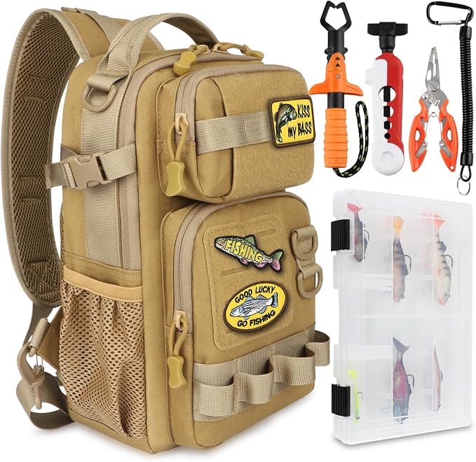 Dovesun Small Fishing Backpack Fishing Sling Bag with 3600 Tackle Box Small Tackle Backpack with Tool Set Khaki