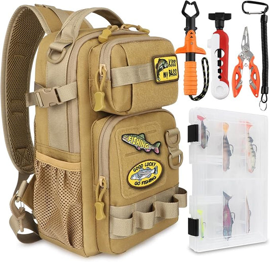 Dovesun Small Fishing Backpack Fishing Sling Bag with 3600 Tackle Box Small Tackle Backpack with Tool Set Khaki
