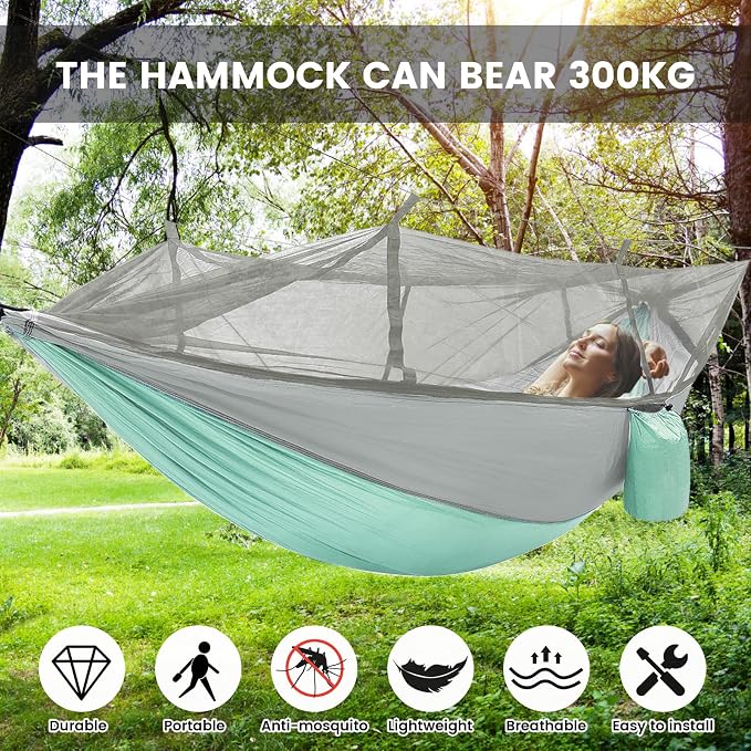 Camping Hammock with Mosquito Net & Rain Fly Tent Tarp & Tree Straps Portable Strong Nylon Hammock Parachute Tent w/Storage Bag for Camping Hiking Backyard Outdoor Backpacking Travel