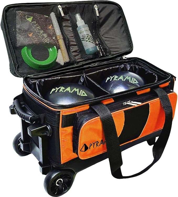 Pyramid Deluxe Double Roller 2 Ball Bowling Bag with Large Separate Shoe Compartment (Up To 2 Pairs Of Shoes) and Accessory Pockets, Sturdy Square Handle - Extends to 40" - Pro Options Available