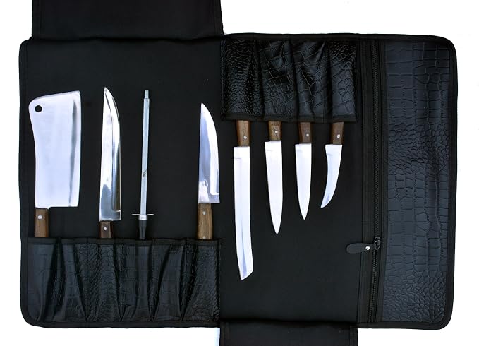 EVERPRIDE Gorgeous Leather Croc Pattern Premium Leather Chef Knife Roll Bag. Professional Grade Lovely Gift for Chefs Hunting Knives and Home Storage