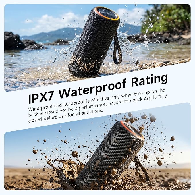 TAZATA Fun 300 30W Portable Bluetooth Speaker, IPX7 Waterproof & Dustproof, Bluetooth 5.3, Deep Bass, TWS Pairing, 8H Battery Life, Stereo HD Sound for Camping, Beach, Outdoor, Travel, Bike - Black