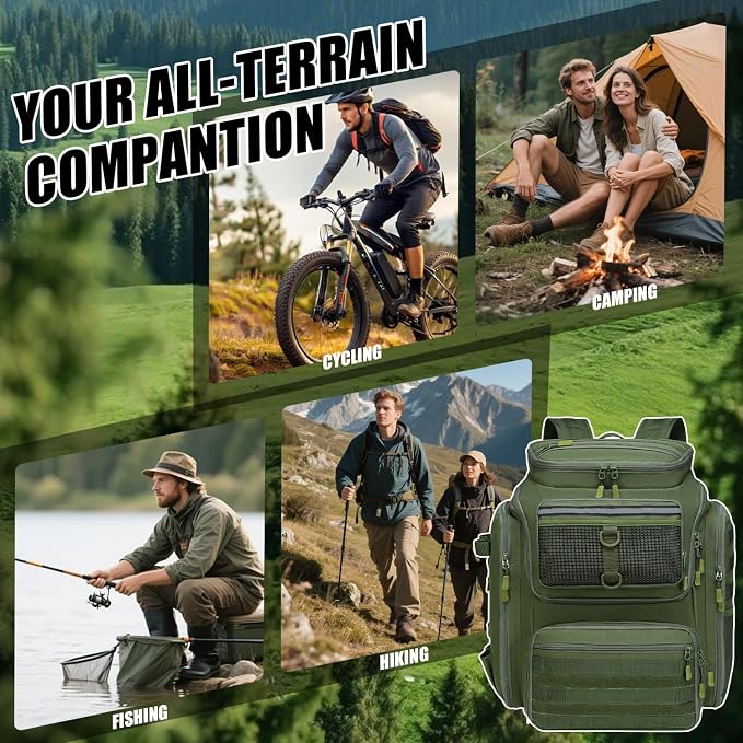 HAMBOLY Fishing Backpack 45L with Rod Holders, Water-Resistant Tackle Backpack for Fishermen, Large Capacity Fishing Gear Bag for Travel Hiking Camping