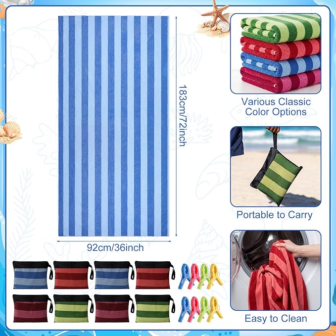 Gilprop 8 Packs Oversized Stripe Beach Towels XL L Microfiber Clearance Pool Towels with Bags Clips Soft Absorbent Quick Dry Camping Swim Towel for Adult Women Men Travel Family (72×36 in,Multicolor)