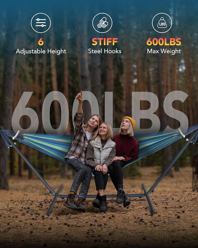 Everyfun Double Hammock with Space-Saving Steel Stand, 2 Person Heavy-Duty Hammock for Garden, Yard or Outdoor, 600lbs Capacity, Wide Blue