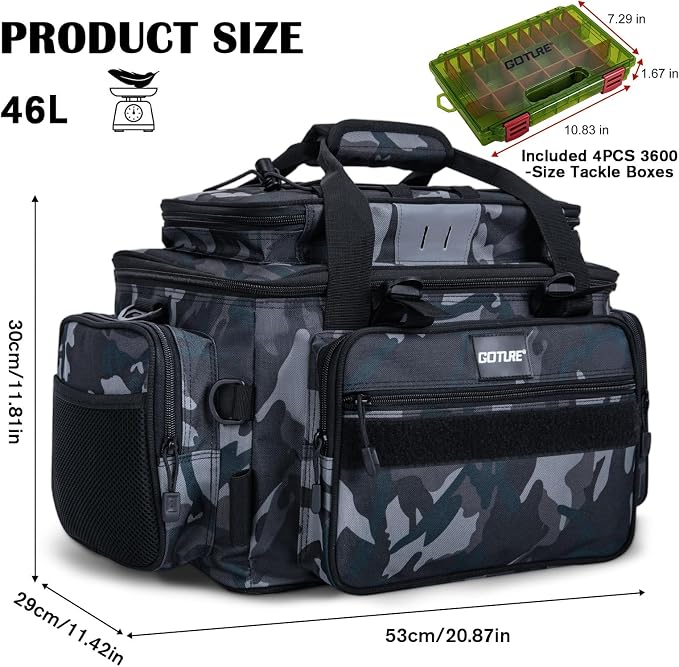 Goture Fishing Tackle Bag with 4PCS 3600 Tackle Boxes | 600D Water-Resistant, Rod Straps, Detachable Bottle Pouch,Waterproof Bottom, Freshwater & Saltwater Gear Storage Fishing Bag