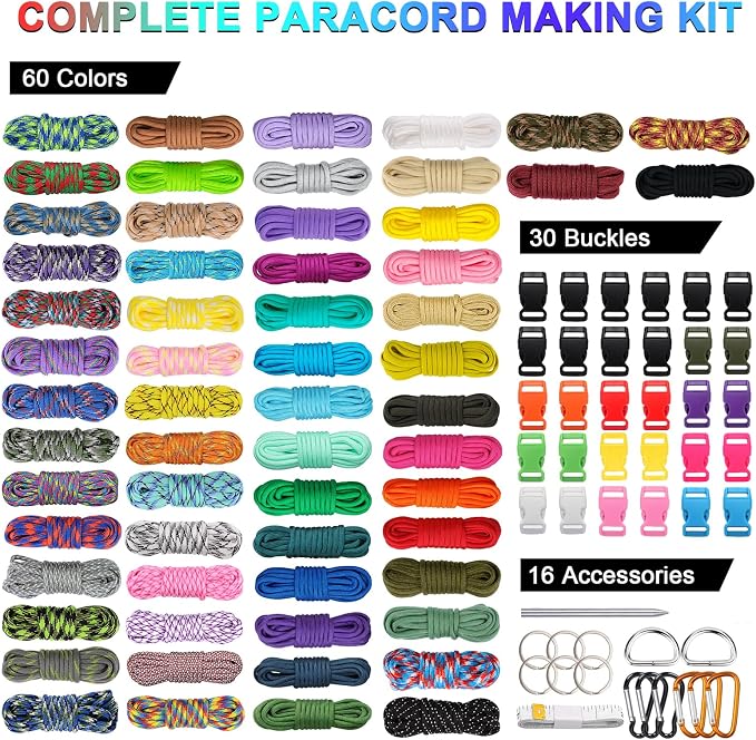WEREWOLVES 60 Colors Paracord Cord, 550 Paracord Bracelet Crafting Combo Kits with Instruction - Multifunction Paracord Ropes, 10 Feet Each Parachute Cord for DIY Manual Braiding