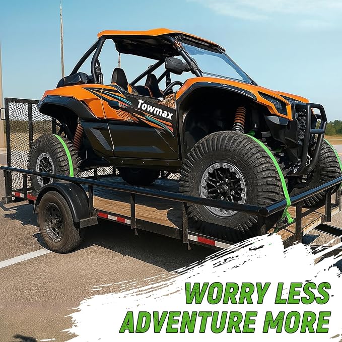 UTV Wheel Chock Tie-Down Kit - 4,500lb Break Strength Heavy Duty Trailer Tire Straps System - 4Pack 2" x 8' E Track Ratchet Straps for SXS, UTV, ATV, Lawn Mower (Bright Green)