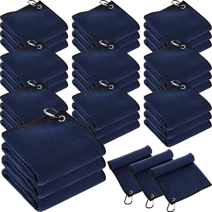 Batiyeer 30 Pcs Golf Towels Bulk for Bags 16'' x 16'' Microfiber Fabric Golf Towel with Clip Waffle Pattern for Men Mini Tournament Fitness Yoga Camping(Navy Blue)