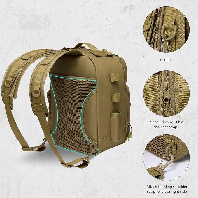 BASSDASH Convertible Fishing Backpack Sling Bag with Rod Holder, Adjustable Tactical Water-Resistant Tackle Storage Pack FP07