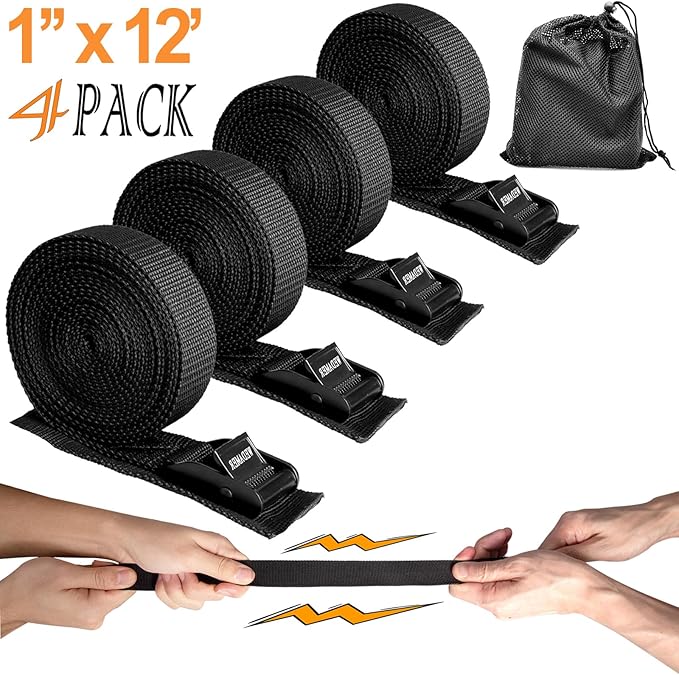 WEDAMER 4 Pack Kayak Tie Down Straps 12Ft Cam Buckle Tie Downs Adjustable Kayak Strap for Trucks Motorcycles Boat RV - Ratchet Lashing Straps for Roof Rack Trailer Cargo Packing Securement (1" x 12')