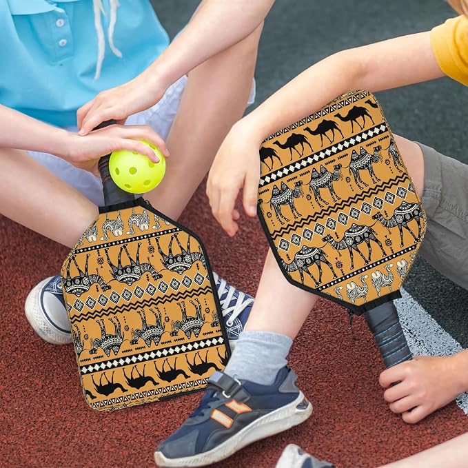 Vintage Camel Hand Painting Pickleball Paddle Cover Racket Sleeve Bag with Handle Strap Mesh Pocket 12.4 × 9.45 Inch Universal Fit for USAPA Standard Paddles for Outdoor Travel 2 PCS