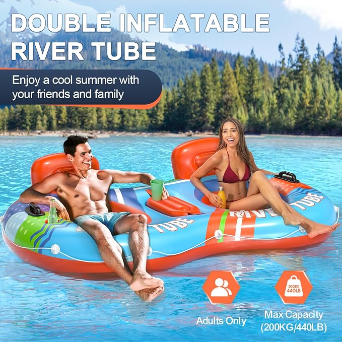 Inflatable River Tube Float, 2 Person Heavy Duty River Pool Floats Adults with 2 Cup Holders Premium Lake Water Tubes for Floating, Outdoor River Raft Sport Fun