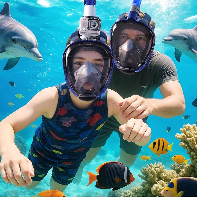 Greatever G2 Adults Kids Full Face Snorkel Mask 2 Pcs,Snorkeling Gear with Latest Dry Top System,Foldable 180 Degree Panoramic View,Safe Breathing,Anti-Leak&Anti-Fog Snorkeling Mask with Camera Mount