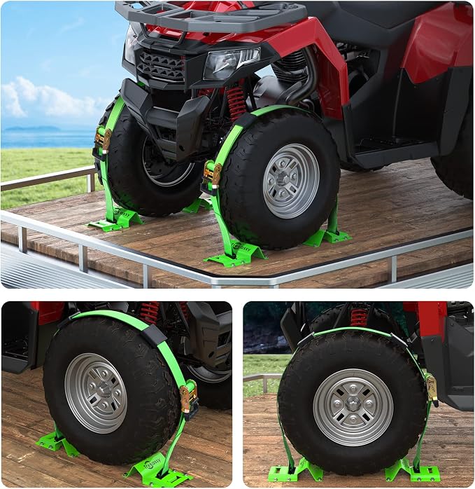 Trekassy Wheel Chock Tie-Down Kit with Rubber Blocks, (4,500lb Break Strength) Heavy Duty E Track Trailer Tire Straps for ATV, UTV, Lawn Mower- 4 Pack