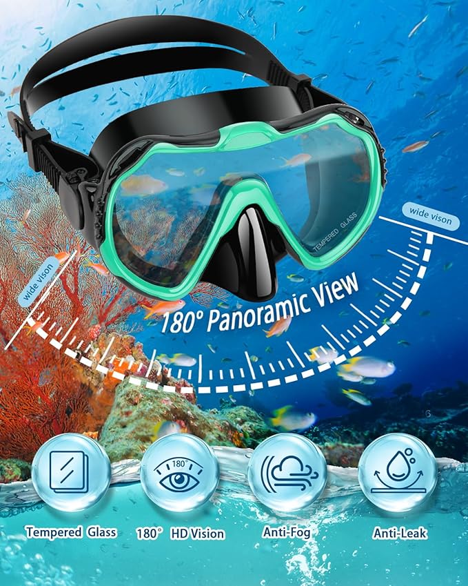 Snorkeling Gear for Adults, Adult Snorkel Set with Panoramic Anti-Leak and Anti-Fog Tempered Glass Snorkel Mask, Dry Top Snorkel, Snorkle Mask Set Adult with Mesh Bag Ear Plug for Snorkeling