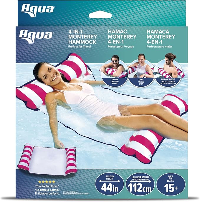 Aqua Original 4-in-1 Monterey Hammock Pool Float & Water Hammock – Multi-Purpose, Inflatable Pool Floats for Adults – Patented Thick, Non-Stick PVC Material – Pink