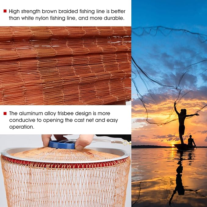 Cast Fishing Net with Aluminum Frame, 0.8 inch Mesh, 7.8-13.8 ft Diameter