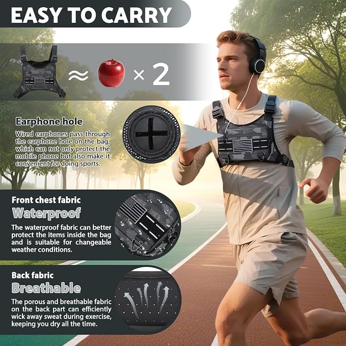 Muserise Sports Chest Bag For Men Women, Water Resistant Lightweight Front Chest Pack, Running Vest Bag With Built-In Phone Holder & Extra Storage For Workouts, Running, Cycling (Camo)