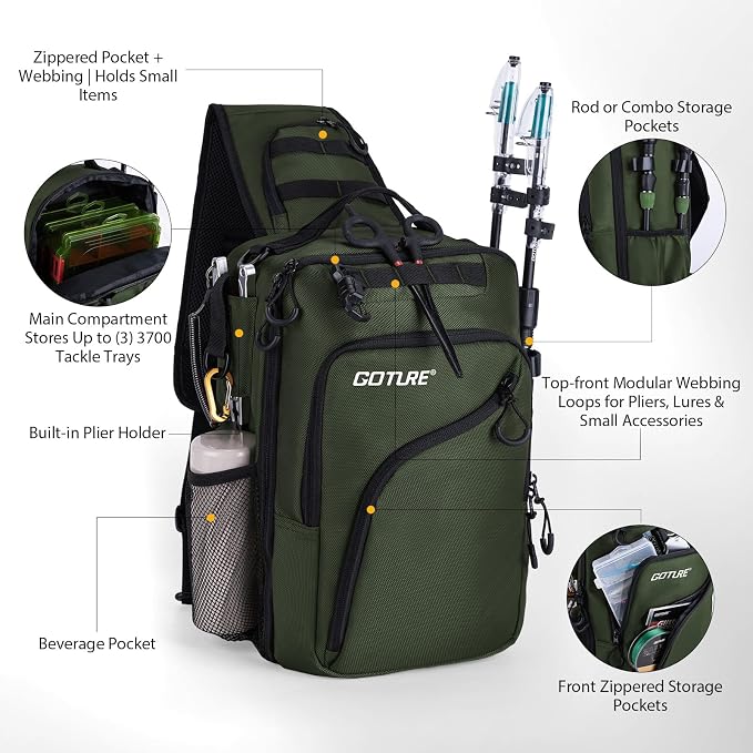 Goture Green Tactical Sling Fishing Bag with Trays, Heavy Duty 1680D Fishing Backpack for Hiking Camping, Adjustable Shoulder Strap with Rod Holder & Tool Pockets, Tackle Box Organizer Bag