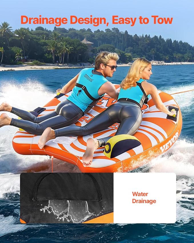 VEVOR Towable Tubes for Boating, 1-4 Riders Inflatable Boat Tubes & Towables, 340-680 lbs Capacity, Multiple Sizes with Full Nylon Cover, Padded/EVA Handles, Fins & Safety Valve (Multi-Option)