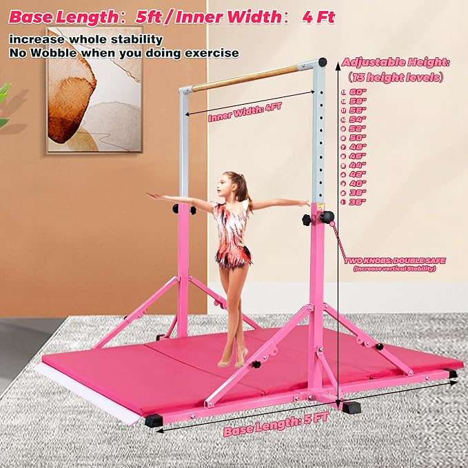 Marfula Gymnastic Bar For Kid and Teenage of 3-25, 5Ft/8 FT Base Length 4Ft Width 5Ft Adjust Height, Gymnastic Kip Bar For Gymnast, Gymnastic Training Equipment For Professional Training Home Club Use