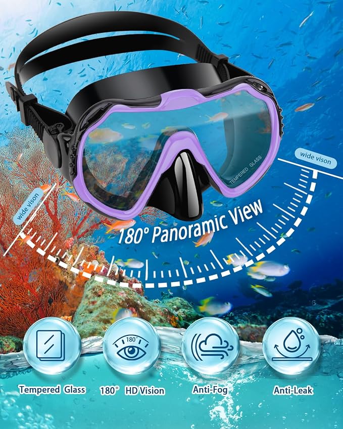 Snorkeling Gear for Adults, Adult Snorkel Set with Panoramic Anti-Leak and Anti-Fog Tempered Glass Snorkel Mask, Dry Top Snorkel, Snorkle Mask Set Adult with Mesh Bag Ear Plug for Snorkeling