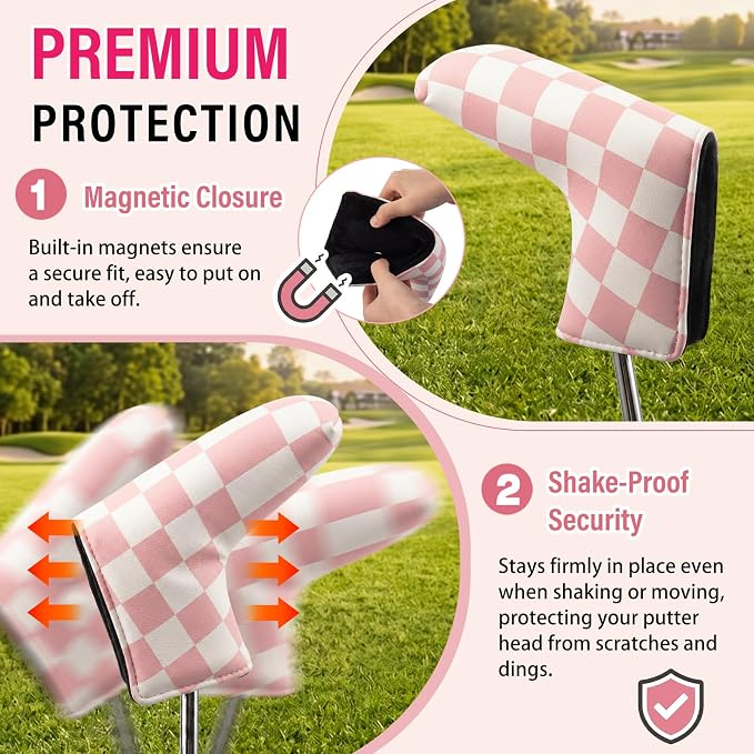 13 Pcs Pink Golf Accessories Kit, Checkered PU Leather Blade Putter Headcover, Water-Resistant & Easy-to-Clean, Magnetic Ball Marker, Tees, Divot Tool, Towel & Brush, Gift for Women Girls