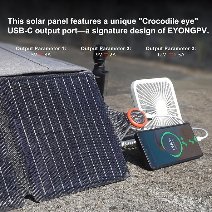 EYONGPV 21W Portable Foldable Solar Panel & Solar Charger with Croc-Eye USB-C PD Fast Charging Output, IP67 Waterproof Compact Solar Charger for Phones, Power Banks, Camping, Hiking, Backpacking