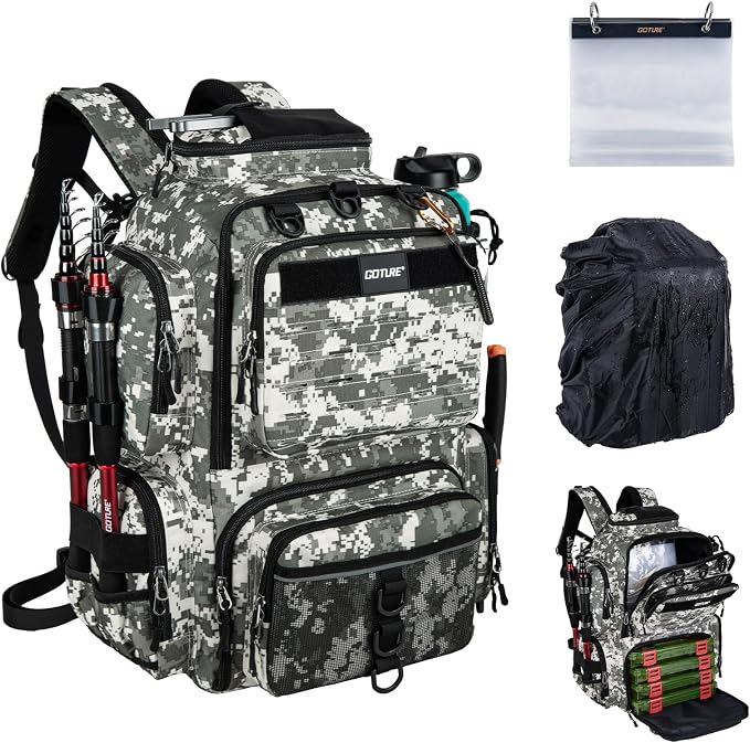 Goture Fishing Backpack,900D Water-Resistant Tackle Backpack with Rod Holders, SBS Zippers,45L Large Fishing Bag Storage Gear Tackle Bag with Rain Cover, Bottle Holder for Travel Camping Hiking