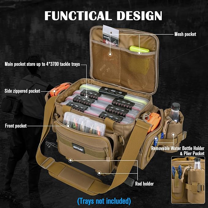 Goture Fishing Tackle Bag,Store Up to 4PCS 3700 Tackle Boxes(Not Included),600D Soft Side Water-Resistant Saltwater Gear Storage Fishing Bag with Rod Straps,Detachable Water Bottle Pouch,SBS Zippers