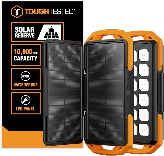 ToughTested 10,000mAh Solar Power Bank - Dual Foldable Solar Panels, 18W PD Fast Charging Portable Charger, IP44 Waterproof Battery Pack with 18 LED Flashlight - Essential Camping & Travel Gear