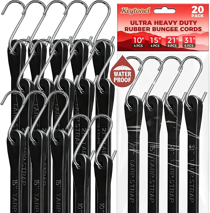 10" 15" 21" 31" Bungee Cords with Hooks Heavy Duty 20 Pack – EPDM Rubber UV Resistant, Assorted Sizes, Tarp Straps Tie Down for Truck, Towing, Construction, Marine, Trailer