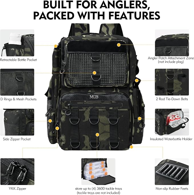 MGB Fishing Tackle Backpack with Rod Holders & YKK Zipper, 46L Fishing Bag with Bottle Holder, Storage Bag Store Fishing Gear