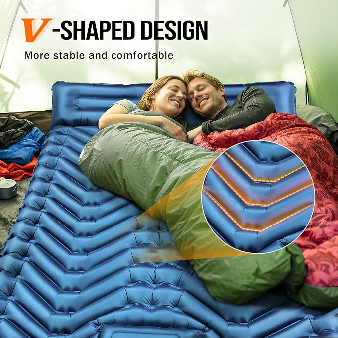 Double Sleeping Pad for Camping- 2 Person Camping Mattress with Pillow, Inflates in 60 Seconds Sleeping Pad with Pump-Electric/Foot Portable Air Pad for Backpacking, Hiking, Tent, Car Travel, Beach