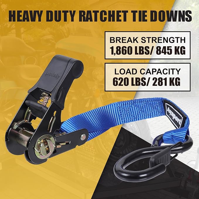 Ayaport Ratchet Straps Tie Downs, 1" x 10' Heavy Duty Ratchet Tie Down Straps, 1860lbs Break Strength, Larger Open S Hook W Safety Clip, Ratchet Strap for Motorcycle, Cargo, Truck Bed, Moving