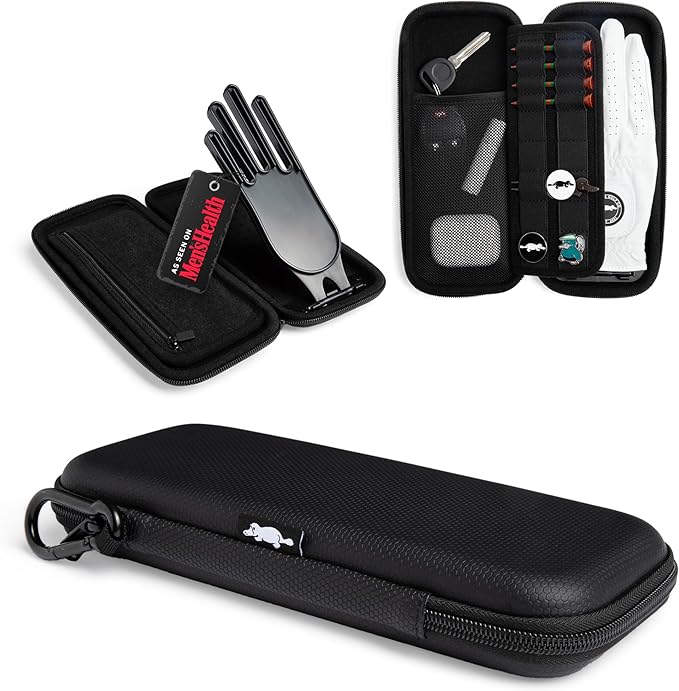 Platypus Golf Co. Golfing Caddie EVA Travel Case Organizer with Bamboo Tees & Ball Marker - Hand Reversible Hinging Glove Shaper & Holder, Mesh Pocket & Storage Slots, Golfers Cases for Men & Women