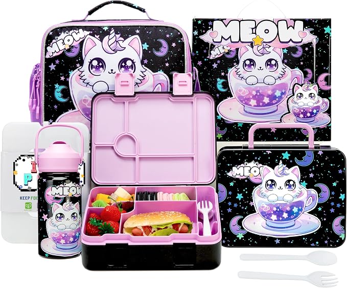 Lunch Box for Girls Bento Box for Kids with Lunch Bag,Stainless Steel Water Bottle,Ice Pack Set Birthday Gifts for Ages 3-12 Back to School Toddler Girls