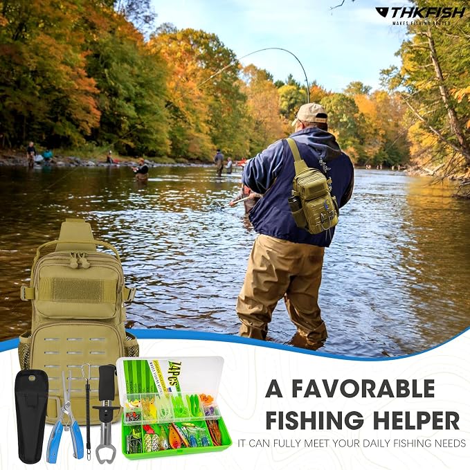 THKFISH 79 Pcs Fishing Tool Kit, Fishing Backpack with Tackle Boxes Fishing Pliers Kit Fishing Bait Lure Gear Kit Include Fish Hook Remover, Fishing Lures, Lip Gripper