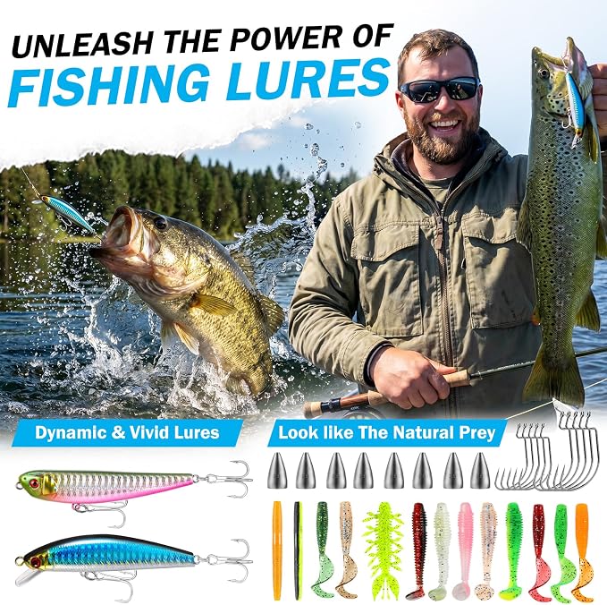 PLUSINNO Fishing Backpack with Fishing Gear, Tackle Box, Fish Accessories & Tools, Waterproof Sling Tackle Bag with Rod Holders, Lures for Freshwater/Saltwater, Fish Gifts for Men