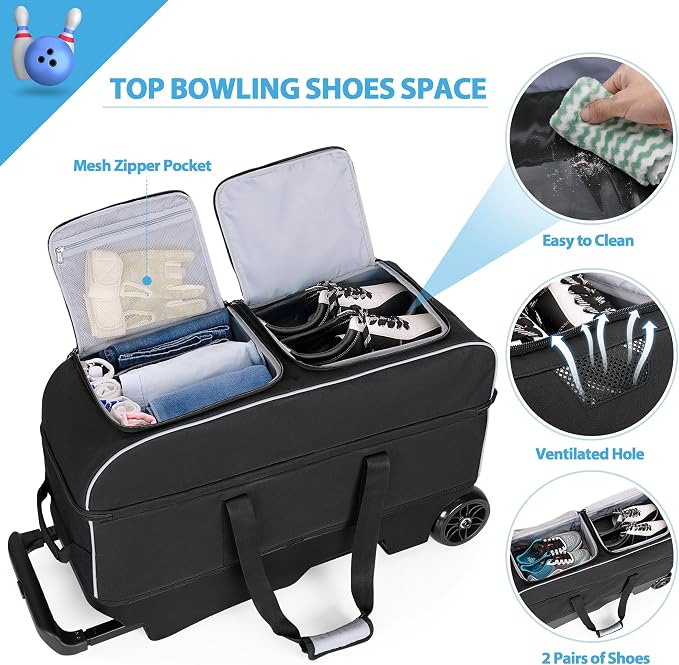 GOBUROS 3 Ball Roller Bowling Bag with Multi Accessory Pockets and Shoes Compartment, Fits 2 Pairs of Size 16 Shoes, 3 Ball Bowling Bags with Large Wheels and Retractable Handle Extends to 41.5"